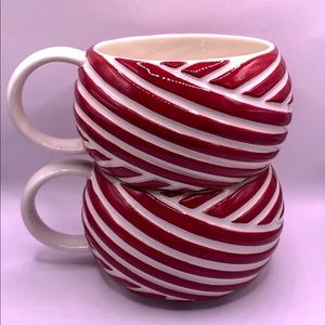 2013 Starbucks Barrel Coffee Mugs Cups Red White Candy Cane 12oz Set of 2
